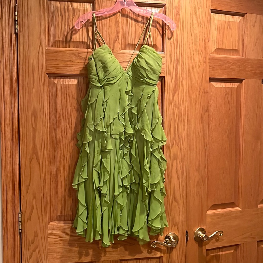 100% silk Sleeveless Ruffle Mini Dress in Lime Green